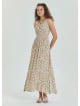 Double Breasted Collar Long Beige Dress with Slit from the Yoke 4561